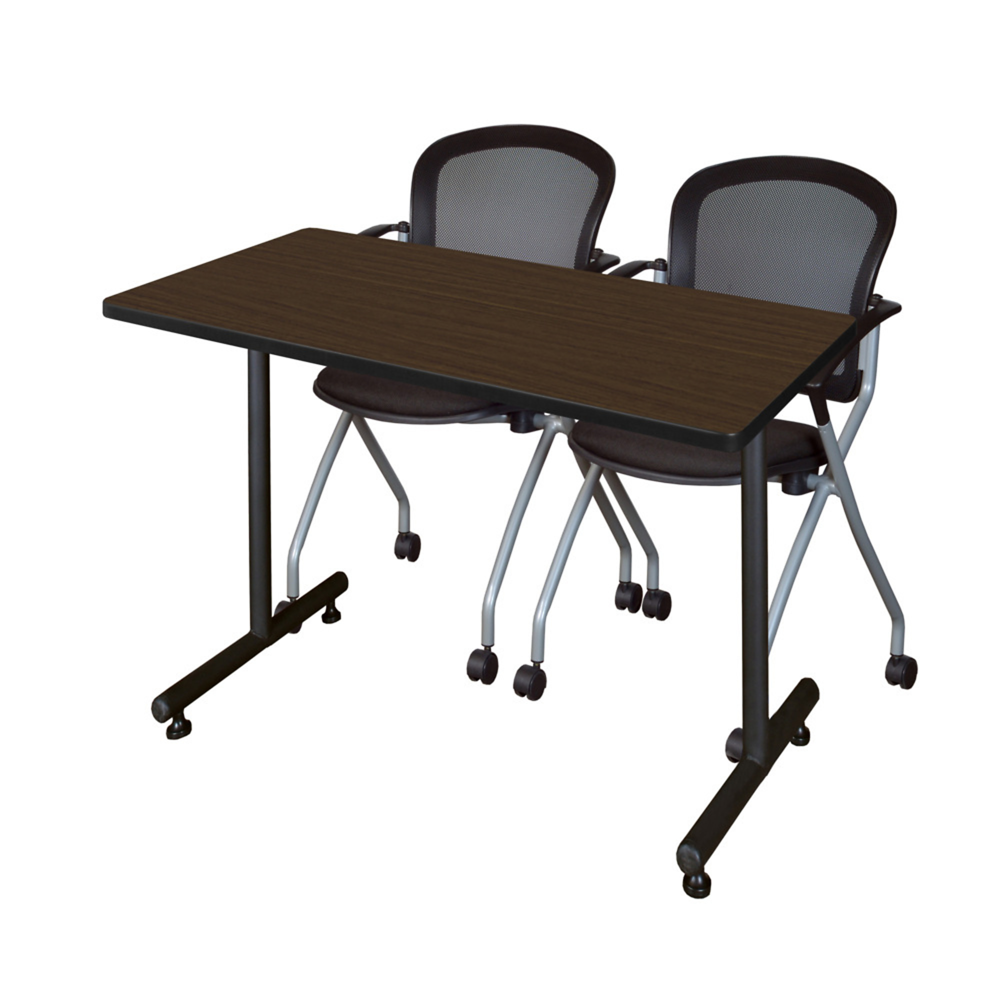 Regency Kobe Training Seminar Table Set — 48in. x 24in., Neo Walnut, T-Base, with 2 Cadence Nesting Chairs, Model# MKTRCT4824NW23BK